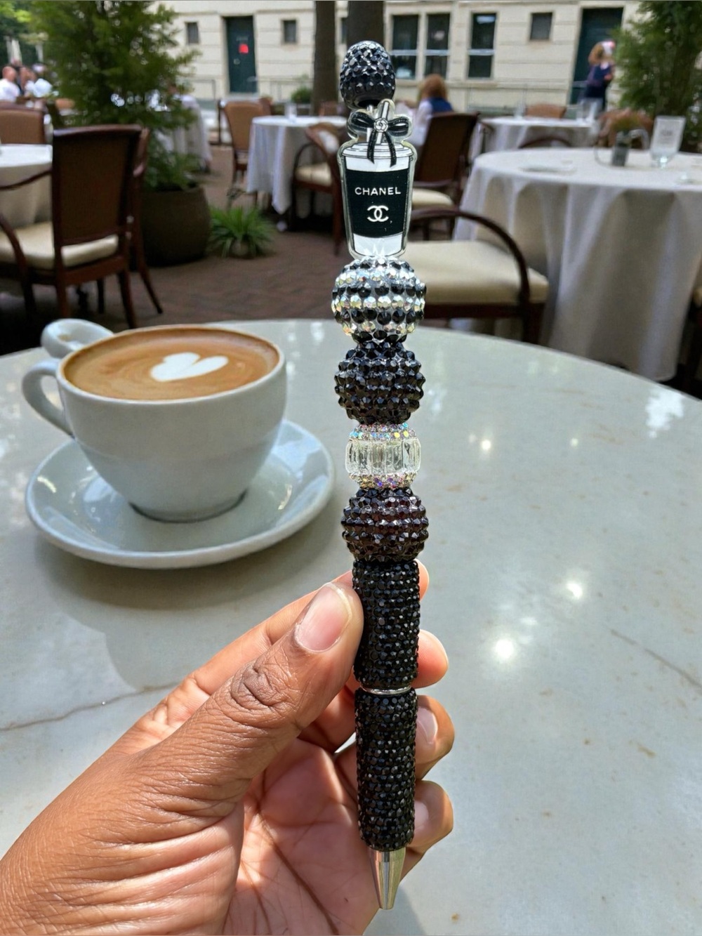 Handcrafted Rhinestone Black Crystal Beaded Pen with Perfume Bottle Charm